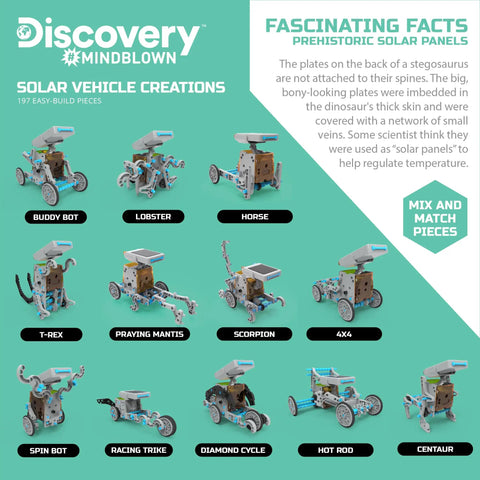 Solar Robot Creation Kit With 197 Pieces And 12 Real Working Robots From One Set, Solar Powered Motorized Engine, Gear System, Tires And Shafts, STEM Construction Playset For Ages 8 And Up showing 12 build designs