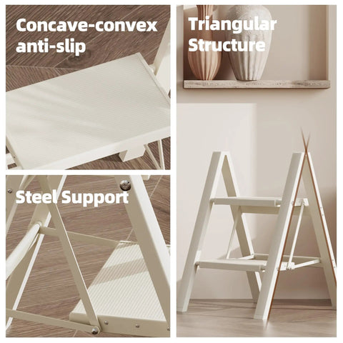 Aluminum 2 Step Folding Ladder White Finish Lightweight and Portable for Home Garage or Workshop Open Size 18x20x24 Inches Top Step Height 17.7 Inches Folds to Slim 1.8 Inch Profile for Easy Carry and Neat Storage, white step ladder with steel support
