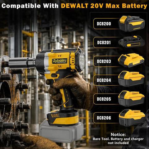 Heavy Hitter Cordless Impact Wrench Driven By A Rugged Brushless Motor Operating As A Versatile Drill Plus Screwdriver Combining To Deliver 516 Ft Lbs Of Serious Torque For Daily Grinds with DEWALT 20V battery, heavy duty, in use at a workshop.