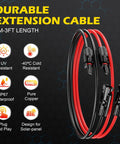 3 Ft Solar Extension Cable 12AWG with male and female connectors, red and black heavy duty extension cord shown coiled.