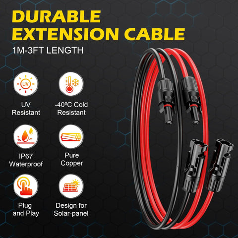 3 Ft Solar Extension Cable 12AWG with male and female connectors, red and black heavy duty extension cord shown coiled.
