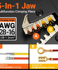 Close-up of 5-in-1 jaw of Five-In-One Pro-Grade Wire Crimp Tool Kit For AWG 28-16 Dupont And Spade Connectors, 896 Terminals Included.
