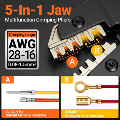 Close-up of 5-in-1 jaw of Five-In-One Pro-Grade Wire Crimp Tool Kit For AWG 28-16 Dupont And Spade Connectors, 896 Terminals Included.