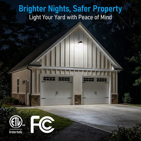 LED Barn Light With Dusk To Dawn Photocell illuminates a large white garage, showcasing its security feature, IP65 waterproof.