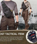 Man wearing Lightweight Tactical Shoulder Sling Bag for Men, Compact Outdoor Chest Pack for Travel, Hiking, Camping, Trekking, Biking