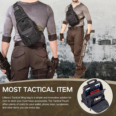 Man wearing Lightweight Tactical Shoulder Sling Bag for Men, Compact Outdoor Chest Pack for Travel, Hiking, Camping, Trekking, Biking