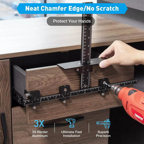 Cabinet Hardware Jig For Precise Drill Alignment And Install Guide in use on wooden drawer with drill, adjustable aluminum template