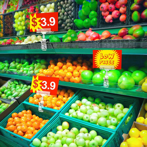 50 Pack Plastic Sign Holder Clips With Swivel Rotatable Ball Joint Design For Price Tags clipped to supermarket fruit display shelves