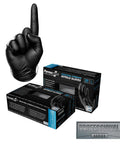 Heavy Duty Black Nitrile Work Gloves For Trades Pros Featuring Serious Textured Grip And Powder Free Latex Free Industrial Grade Protection Tough As Nails For Mechanics And Real Gritty Job Sites Daily with one finger raised.