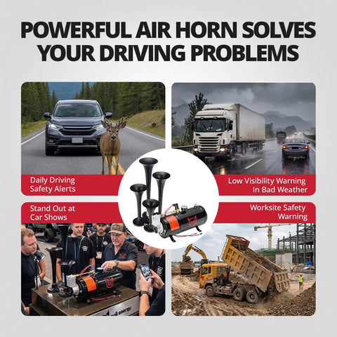 Badass 12V Four Trumpet Train Air Horn Kit With Compact Three Liter Air Tank And High Output Compressor Rig Upgrade for visibility in driving.