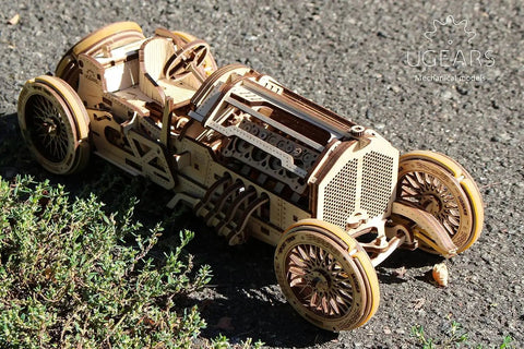 Dope Mechanical Grand Prix Car Wooden 3D Puzzle 348 Parts Build 13.8 Inch Model With Realistic V8 Engine Moving Fan 16 Valves Three Transmission Modes Rubberized Wheels Spring Front Fork Vintage Racer Look, wooden 3D car model on pavement