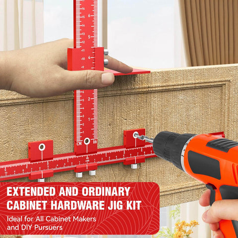 Time Saving Cabinet Hardware Jig Kit With Dual 32 Inch And 16 Inch Sizes Detachable Auto Center Punch Aluminum Cabinet Handle Template Drill Guide Drawer Pull Jig For Easy Knob Or Handle Installations in use for cabinet door drilling