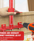 Premium Extended Cabinet Hardware Jig Kit For 32 Inch And 16 Inch Drawers With Heavy Duty Aluminum Build To Speed Up Installations Without Measuring Hassle For Easy DIY Remodeling Projects Right Now red aluminum jig with drill aligning cabinet handle hole