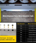 Stainless Steel Wheel Alignment Tool Plates 2 Pack With Tape Measures Magnetic Slots And Hanging Holes For Easy Storage Pro Grade Universal Toe Alignment Tool For Cars Trucks SUVs And All Vehicles showing measurements and compatibility chart.