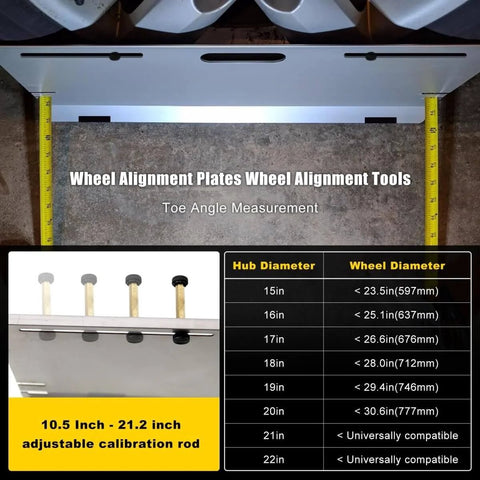Stainless Steel Wheel Alignment Tool Plates 2 Pack With Tape Measures Magnetic Slots And Hanging Holes For Easy Storage Pro Grade Universal Toe Alignment Tool For Cars Trucks SUVs And All Vehicles showing measurements and compatibility chart.