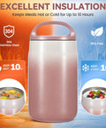 Big 27oz Wide Mouth Food Jar Made From Stainless Steel Keeps Your Grub Hot For Ten Hours Straight Up Leak Proof Performance Locks In Chill Till Midnight Perfect For Grab And Go Work Or School Vibes Pink showing excellent insulation.