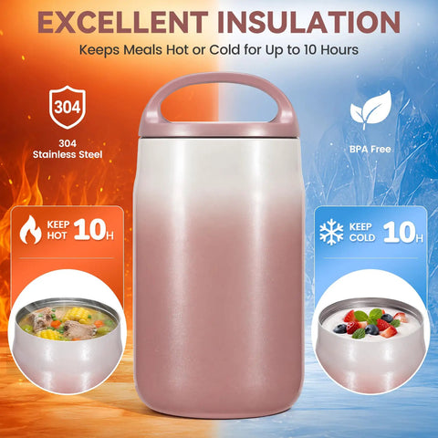 Big 27oz Wide Mouth Food Jar Made From Stainless Steel Keeps Your Grub Hot For Ten Hours Straight Up Leak Proof Performance Locks In Chill Till Midnight Perfect For Grab And Go Work Or School Vibes Pink showing excellent insulation.