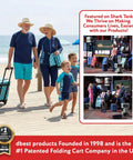 Family using Ultra Compact Insulated Cooler Cart With Moroccan Tile Soft Sided Tote at beach, features telescoping handle, foldable design.