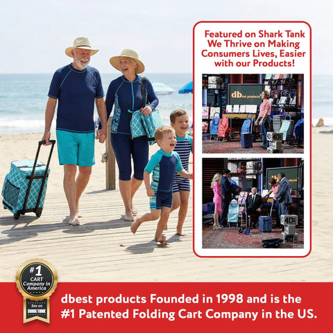 Family using Ultra Compact Insulated Cooler Cart With Moroccan Tile Soft Sided Tote at beach, features telescoping handle, foldable design.