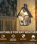 Rustic Outdoor Wall Lanterns With Water Glass Panels in rain, oil rubbed brown sconce, mounted on wood, weather-resistant.