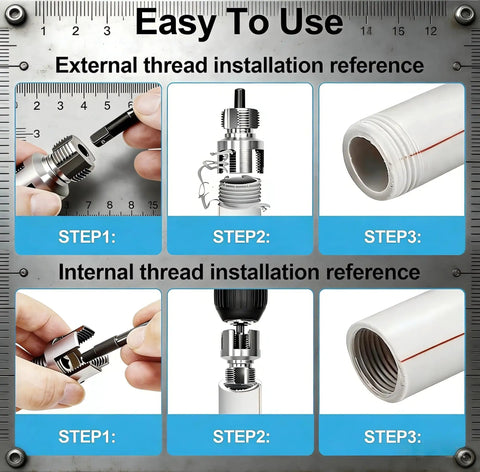 Installation steps for Two In One Pipe Thread Cutter And Internal External Threading Tool Set For PVC Pipes One Half Inch Three Quarter Inch And One Inch Fits All Electric Drills DIY Friendly Three Piece Kit