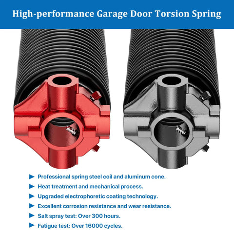 Close-up of black electrophoresis coated torsion springs in 0.207x2in Garage Door Torsion Springs Kit Pair 24in, red and black ends.