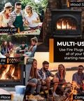 Non Toxic Waterproof Fire Starters Keep It Lit With Five Minute Burn For Emergencies Survival Campfires Fire Pits And Grills Made In The USA 30 Pack For Any Adventure showing multi-use applications like grill and campfire.