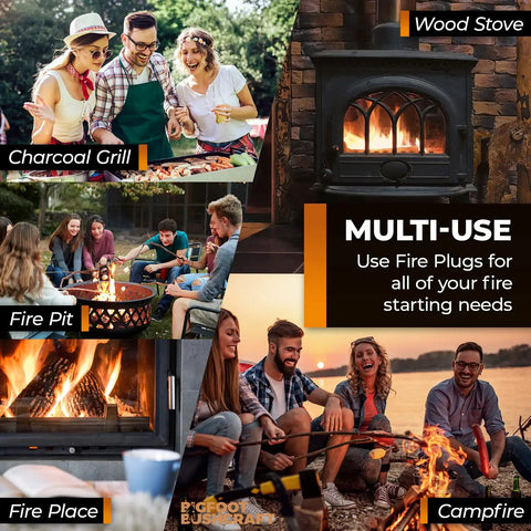 Non Toxic Waterproof Fire Starters Keep It Lit With Five Minute Burn For Emergencies Survival Campfires Fire Pits And Grills Made In The USA 30 Pack For Any Adventure showing multi-use applications like grill and campfire.