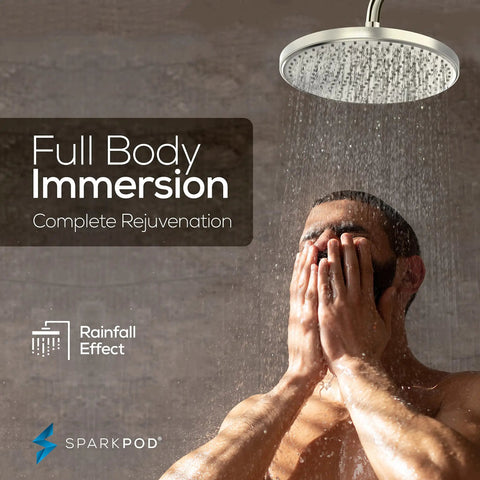 Person enjoying the 10 Inch Rain Shower Head With Ceiling Or Wall Mount, Ultra Wide Rainfall Coverage, Midnight Black Matte Finish.