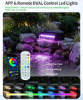 8 Inch Pond Waterfall Spillway with RGB LED Lights and 660 GPH Pond Pump in a backyard pond landscape at night