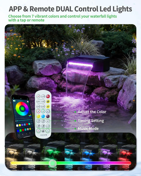 8 Inch Pond Waterfall Spillway with RGB LED Lights and 660 GPH Pond Pump in a backyard pond landscape at night
