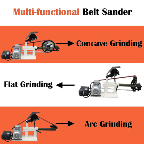 Built Tough Bench Belt Sander And Disc Grinder shows concave, flat, and arc grinding setups for versatile metal work.