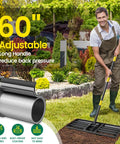 Heavy Duty Leveling Rake For Lawns And Gardens With Five Foot Adjustable Handle Foldable 30 By 10 Inch Yard Tool shown with user