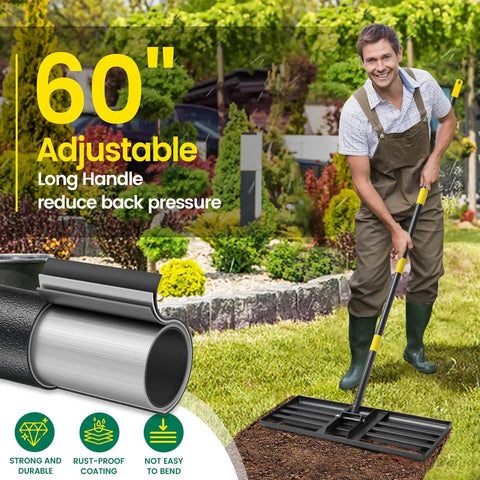 Heavy Duty Leveling Rake For Lawns And Gardens With Five Foot Adjustable Handle Foldable 30 By 10 Inch Yard Tool shown with user