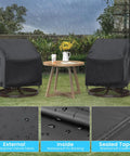 Heavy Duty Outdoor Swivel Lounge Chair Cover 2 Pack Waterproof Fits 30W x 34D x 38.5H Inches All Weather Patio Rocker Chair Covers For Outdoors Black Finish on chairs in rainy setting, showing waterproof detail.