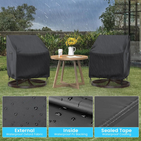 Heavy Duty Outdoor Swivel Lounge Chair Cover 2 Pack Waterproof Fits 30W x 34D x 38.5H Inches All Weather Patio Rocker Chair Covers For Outdoors Black Finish on chairs in rainy setting, showing waterproof detail.