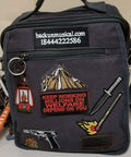 Fresh Custom Embroidered Name Patches 2 Pack Large Size Hook And Loop Velcro Backed Personalized Text Morale Tactical Gear Accessories on a gray tactical bag with various patches.