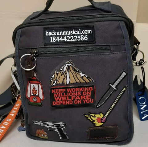 Fresh Custom Embroidered Name Patches 2 Pack Large Size Hook And Loop Velcro Backed Personalized Text Morale Tactical Gear Accessories on a gray tactical bag with various patches.