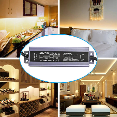 Beefy 12V LED Power Supply IP67 Waterproof, 150W, shown with indoor lighting setups, 120VAC to 12V DC Converter, 3-Prong Plug