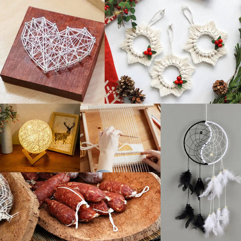 Three Rolls Of 984 Ft Twine String 2mm Natural Jute And White Cotton Rope For Crafts DIY Projects Gardening Gift Wrapping And Decoration Packing Bulk showcased in various craft projects like a heart string art, macrame wreath, and dreamcatcher.