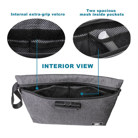 Interior view of Odor Proof Stash Bag With Combination Lock Durable Smell Proof Gear Storage showing mesh pockets and velcro lining.