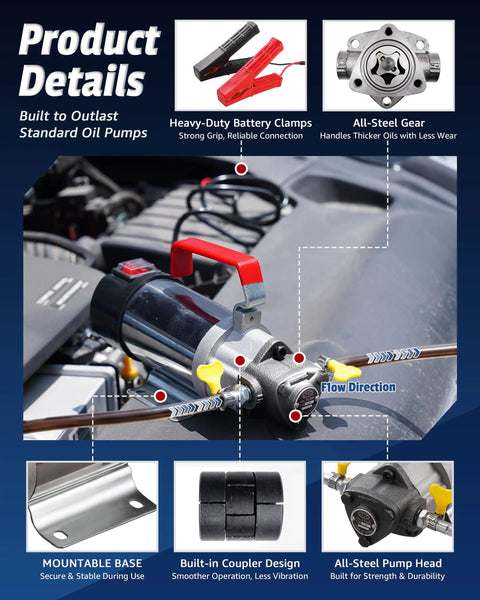 Heavy Duty 12V Oil Extractor Pump Equipped With Pure Copper Motor Efficiently Drains Thick Engine Oil with sturdy clamps and pump head.