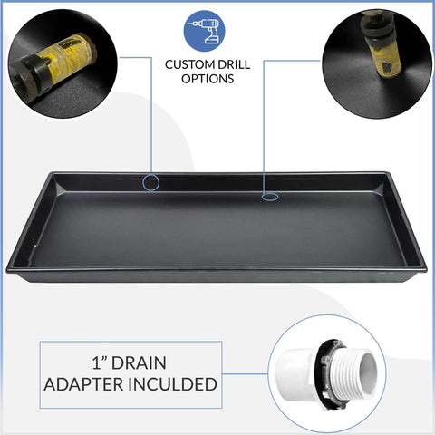 Heavy Duty HDPE HVAC Drain Pan Drip Tray For Electric Units AC And Heater Condensation Catcher Black 39.5 By 16.5 Inch with drill options and 1" drain adapter