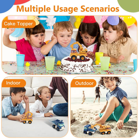 Kids playing with Awesome Realistic Kids Construction Toys Set With Excavator, Crane, Dump Truck And Cement Mixer Rotatable Parts.