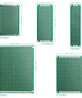 Five different sizes of double-sided PCB boards from a 32 Piece Double Sided PCB Board Prototype Kit for DIY soldering, shown in measurements.