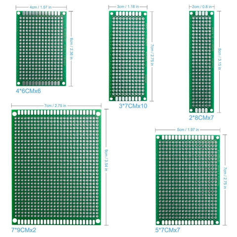Five different sizes of double-sided PCB boards from a 32 Piece Double Sided PCB Board Prototype Kit for DIY soldering, shown in measurements.