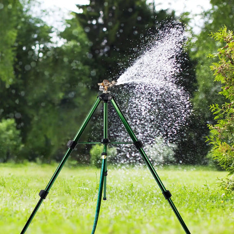 Beefy Impact Sprinkler Head On Tripod Base For Lawn Irrigation, Heavy Duty 360 Degree Coverage With Metal Nozzle, 2 Pack in action