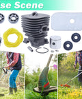 35Mm Cylinder Piston Kit For Husqvarna 128C 128CD 128L 128LD String Trimmer With Air Filter Fuel Filter Spark Plug Gasket Ring Replacement Parts 545008082 Easy Install shown with trimmer use scene.