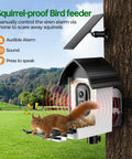 Solar Powered Bird Feeder Camera With 2K HD Live View Auto Capture And AI Species ID For 10,000 Plus Birds 2.4G WiFi Outdoor Birdhouse for Bird Watching installed on a tree with a squirrel on the feeder
