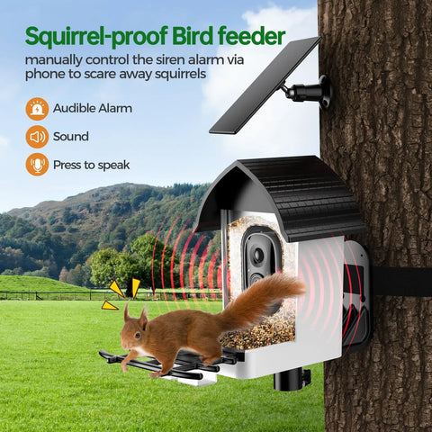 Solar Powered Bird Feeder Camera With 2K HD Live View Auto Capture And AI Species ID For 10,000 Plus Birds 2.4G WiFi Outdoor Birdhouse for Bird Watching installed on a tree with a squirrel on the feeder